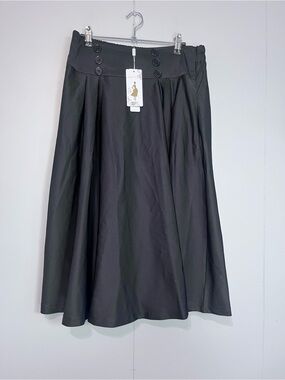 NWT Belle Paque Black A-Line Midi Skirt Pockets Elastic Back Waist Large
